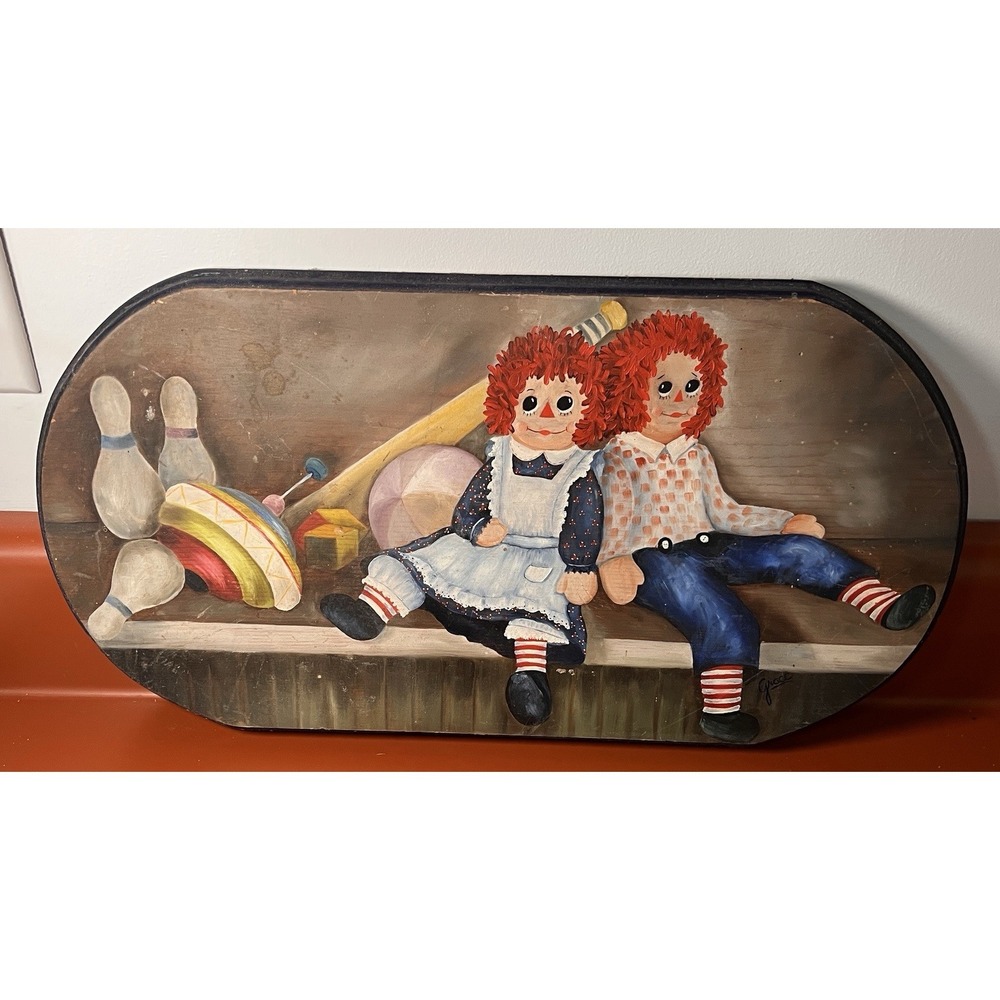 Vintage Raggedy Ann & Andy hand painted Wooden Wall Decor 9x16.5" MCM Folk Art